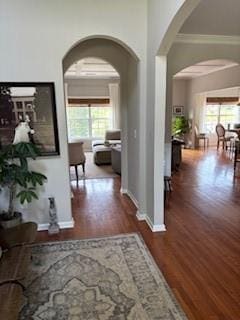 337 Long Shore Way, Newnan, GA 30265 - corridor with arched walkways, wood finished floors, and ornamental molding