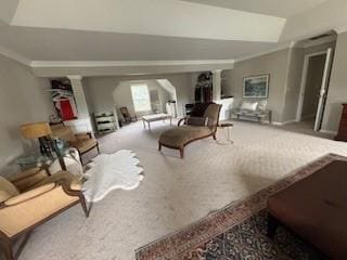 337 Long Shore Way, Newnan, GA 30265 - carpeted living room with decorative columns and crown molding