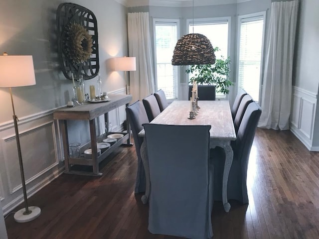 337 Long Shore Way, Newnan, GA 30265 - dining room featuring a decorative wall, dark wood-style flooring, wainscoting, and crown molding
