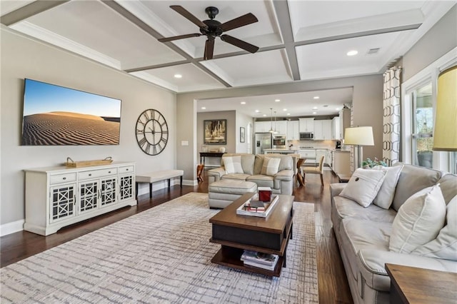 5365 Vendelay Ln, Cumming, GA 30040 - living room with wood finished floors, a ceiling fan, coffered ceiling, recessed lighting, and baseboards
