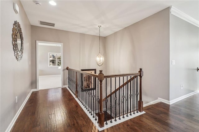 5365 Vendelay Ln, Cumming, GA 30040 - hall featuring an upstairs landing, hardwood / wood-style flooring, baseboards, and a chandelier