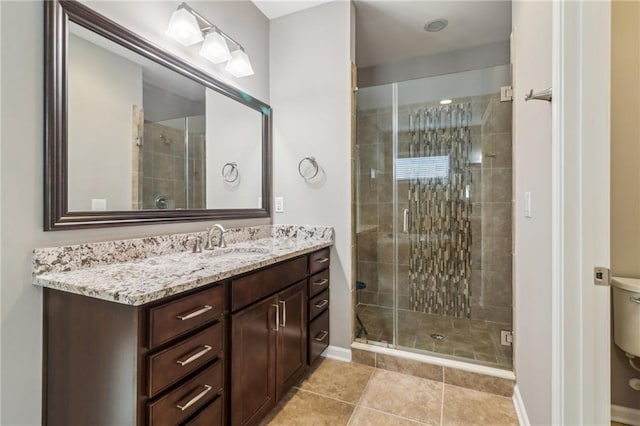 5365 Vendelay Ln, Cumming, GA 30040 - full bath with vanity, a stall shower, tile patterned floors, baseboards, and toilet
