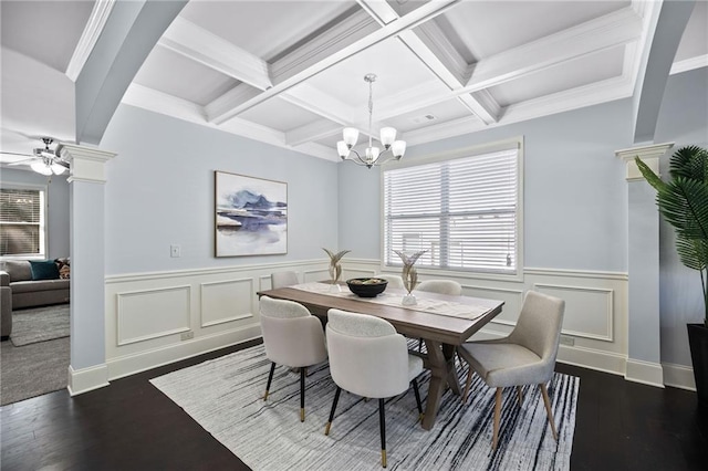 dining area featuring dark wood-style flooring, a wainscoted wall, coffered ceiling, beamed ceiling, and ceiling fan with notable chandelier