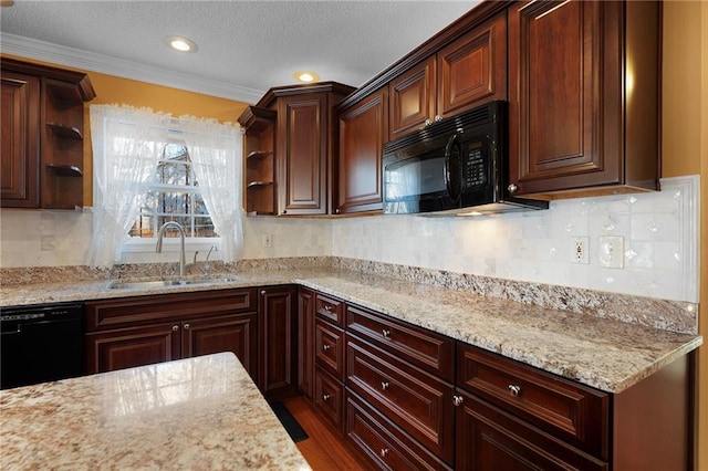 kitchen featuring decorative backsplash, open shelves, black appliances, and a sink