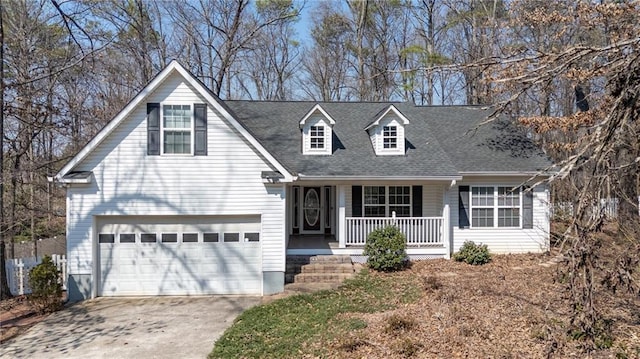 cape cod-style house with roof with shingles, covered porch, and driveway