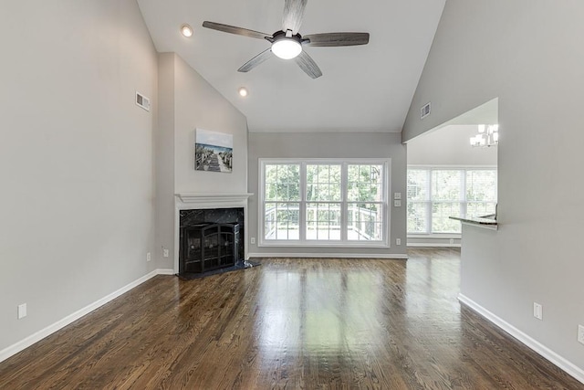 4690 Martins Crossing W Dr, Flowery Branch, GA 30542 - unfurnished living room featuring high vaulted ceiling, a ceiling fan, a premium fireplace, baseboards, and wood finished floors