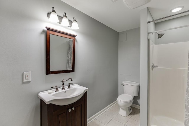 4690 Martins Crossing W Dr, Flowery Branch, GA 30542 - bathroom with a shower stall, vanity, tile patterned flooring, toilet, and baseboards