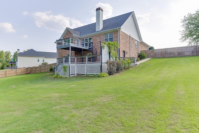 4690 Martins Crossing W Dr, Flowery Branch, GA 30542 - rear view of property with brick siding, stairway, a chimney, and a wooden deck