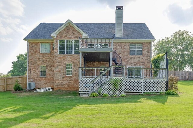 4690 Martins Crossing W Dr, Flowery Branch, GA 30542 - back of house with stairs, a deck, brick siding, cooling unit, and a chimney