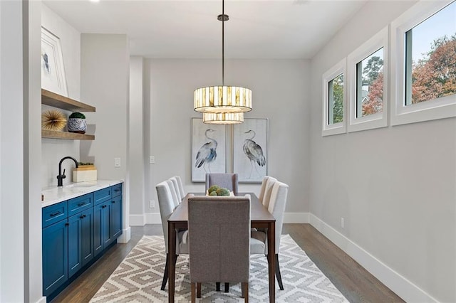 dining room with sink and dark wood-type flooring