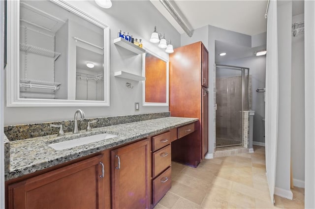 800 Peachtree St NE Unit 1504, Atlanta, GA 30308 - full bath featuring vanity, a stall shower, a spacious closet, and baseboards