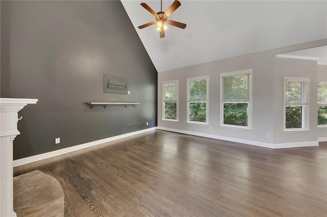 420 Gold Xing, Canton, GA 30114 - unfurnished living room with ceiling fan, high vaulted ceiling, and wood finished floors