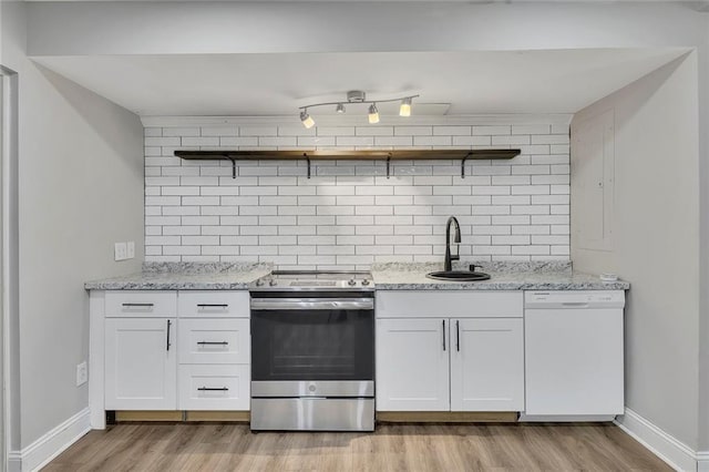 420 Gold Xing, Canton, GA 30114 - kitchen featuring white dishwasher, electric stove, open shelves, light wood-style floors, and decorative backsplash