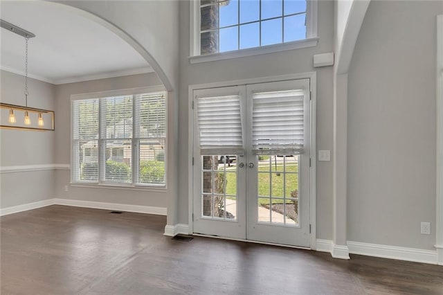 420 Gold Xing, Canton, GA 30114 - doorway with arched walkways, wood finished floors, ornamental molding, and french doors