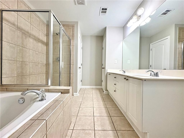 full bath featuring a bath, a sink, a stall shower, and visible vents