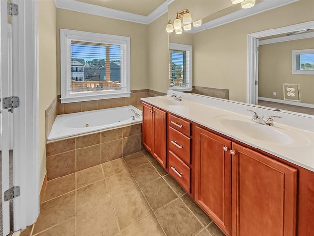 full bath with ornamental molding, a sink, tile patterned flooring, double vanity, and a bath