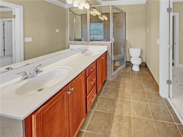 full bathroom with tile patterned flooring, a shower stall, toilet, and a sink