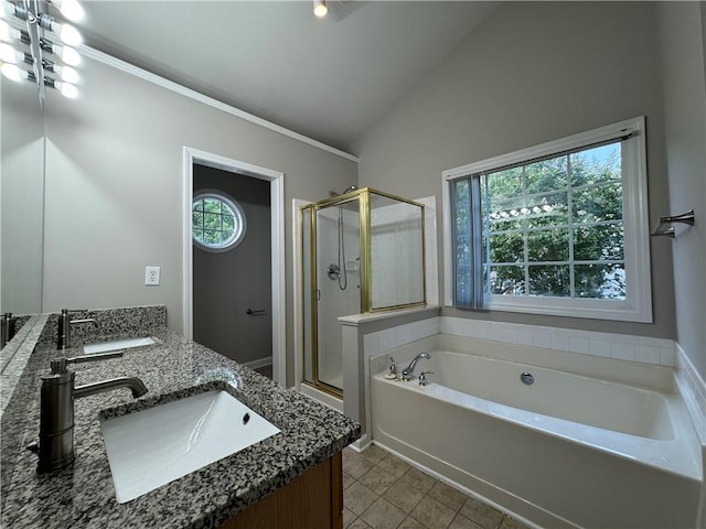 1415 Stoney Field Pl, Lawrenceville, GA 30043 - full bath with a stall shower, a bath, double vanity, lofted ceiling, and tile patterned flooring