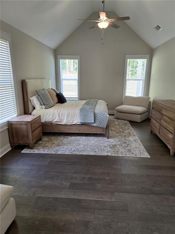 7260 Bluewater Ln, Douglasville, GA 30135 - bedroom featuring dark wood finished floors, vaulted ceiling, visible vents, and multiple windows