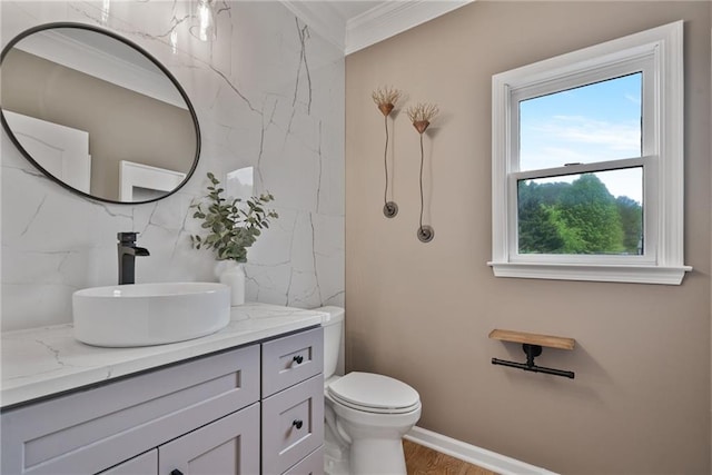 4030 Scenic View Ct, Cumming, GA 30028 - bathroom featuring toilet, wood finished floors, vanity, and crown molding