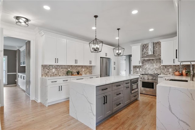 4030 Scenic View Ct, Cumming, GA 30028 - kitchen featuring gray cabinets, a sink, a center island, premium appliances, and wall chimney exhaust hood