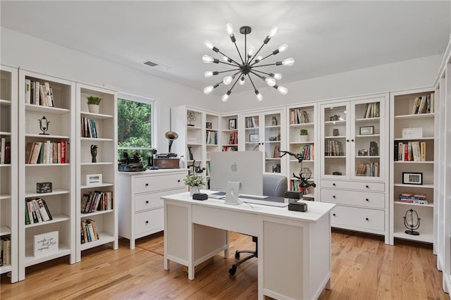 4030 Scenic View Ct, Cumming, GA 30028 - home office featuring light wood-type flooring, visible vents, and an inviting chandelier