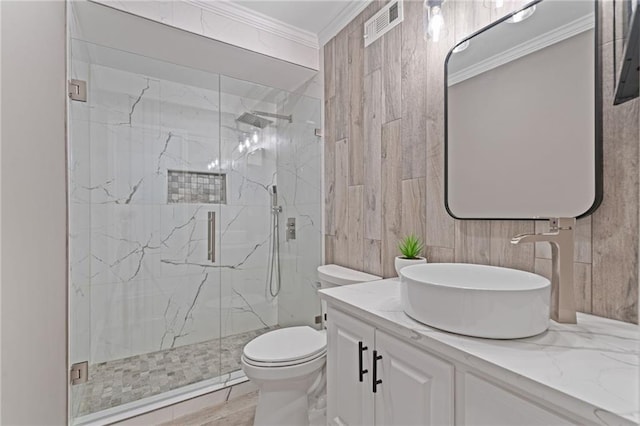 4030 Scenic View Ct, Cumming, GA 30028 - bathroom with vanity, crown molding, toilet, a marble finish shower, and visible vents