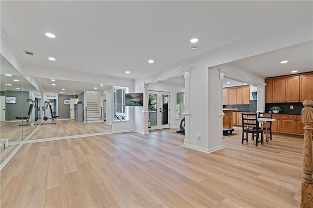 4030 Scenic View Ct, Cumming, GA 30028 - exercise room with crown molding, light wood finished floors, recessed lighting, and visible vents