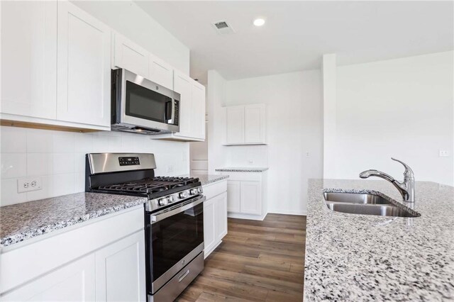 kitchen featuring light stone counters, dark hardwood / wood-style floors, sink, and stainless steel appliances