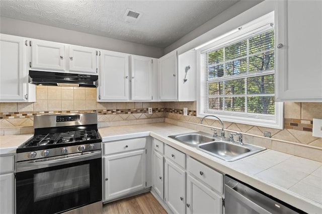 kitchen with a sink, white cabinets, under cabinet range hood, and stainless steel appliances