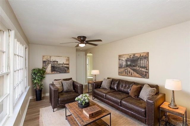 272 Old Sudie Rd, Hiram, GA 30141 - living room with wood finished floors, a ceiling fan, arched walkways, and baseboards