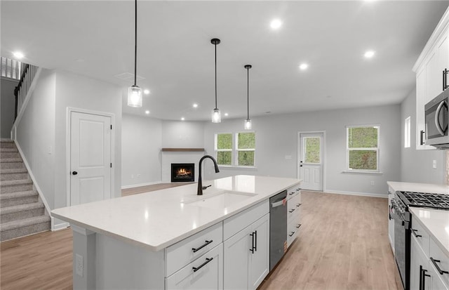kitchen with stainless steel appliances, a sink, light wood finished floors, and a fireplace