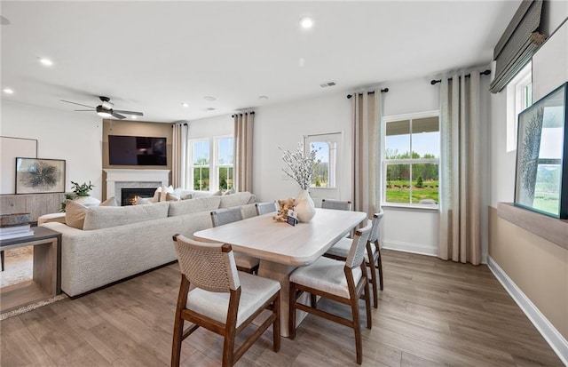 dining room featuring recessed lighting, a wealth of natural light, and a premium fireplace