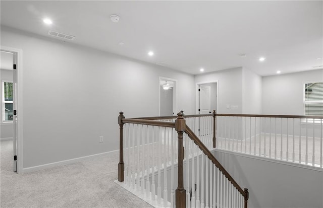 404 Beacon Way, Villa Rica, GA 30180 - hallway featuring an upstairs landing, baseboards, carpet flooring, and recessed lighting