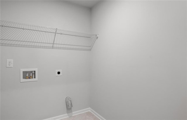 laundry area featuring washer hookup, hookup for an electric dryer, laundry area, baseboards, and carpet flooring