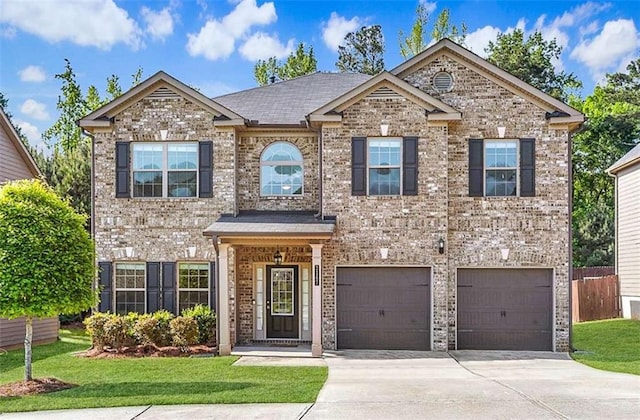 view of front of house with a garage, brick siding, concrete driveway, and a front yard