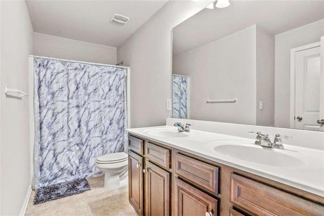 full bathroom with double vanity, visible vents, toilet, and a sink