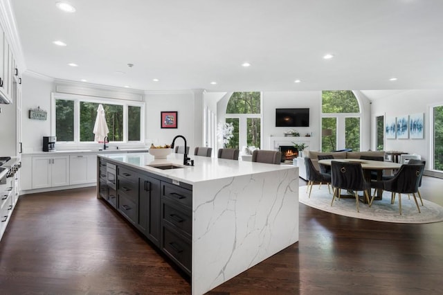 330 Longvue Ct, Johns Creek, GA 30097 - kitchen featuring a sink, light stone counters, a warm lit fireplace, white cabinetry, and dark wood-style floors