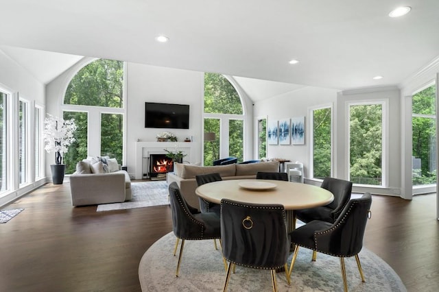 330 Longvue Ct, Johns Creek, GA 30097 - dining area featuring a warm lit fireplace, dark wood-style flooring, lofted ceiling, and recessed lighting