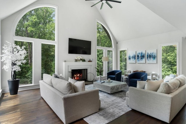 330 Longvue Ct, Johns Creek, GA 30097 - living area featuring high vaulted ceiling, a warm lit fireplace, ceiling fan, and dark wood-style flooring
