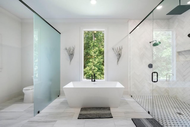 330 Longvue Ct, Johns Creek, GA 30097 - full bathroom with a shower stall, a freestanding tub, ornamental molding, and toilet