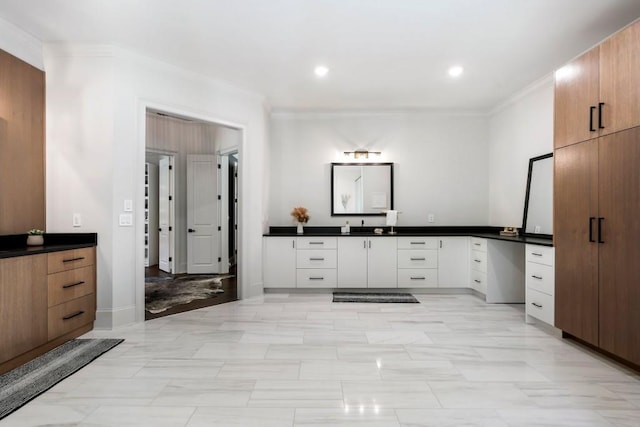 330 Longvue Ct, Johns Creek, GA 30097 - bathroom featuring ornamental molding, vanity, and recessed lighting
