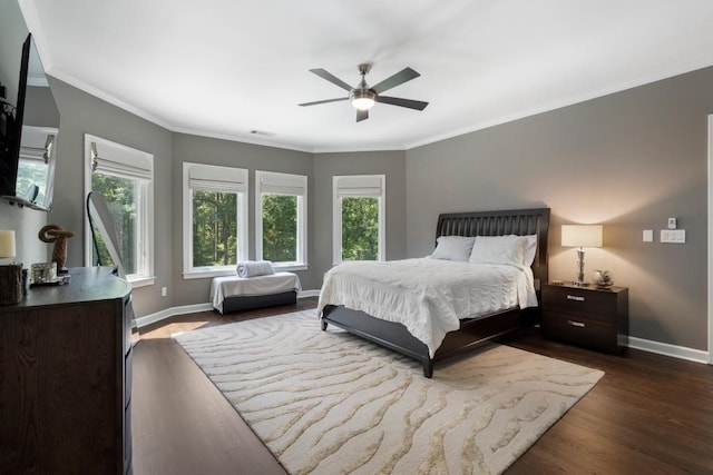 330 Longvue Ct, Johns Creek, GA 30097 - bedroom featuring baseboards, dark wood-style flooring, ornamental molding, and ceiling fan