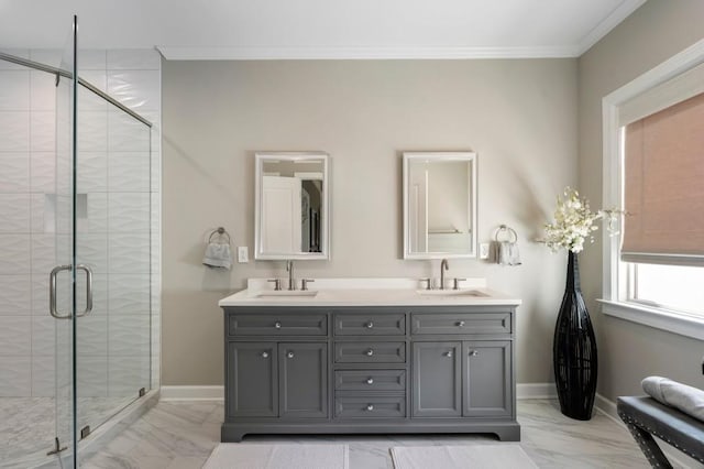 330 Longvue Ct, Johns Creek, GA 30097 - bathroom with marble finish floors, crown molding, double vanity, baseboards, and a shower stall