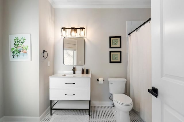330 Longvue Ct, Johns Creek, GA 30097 - bathroom with toilet, vanity, baseboards, crown molding, and tile patterned floors