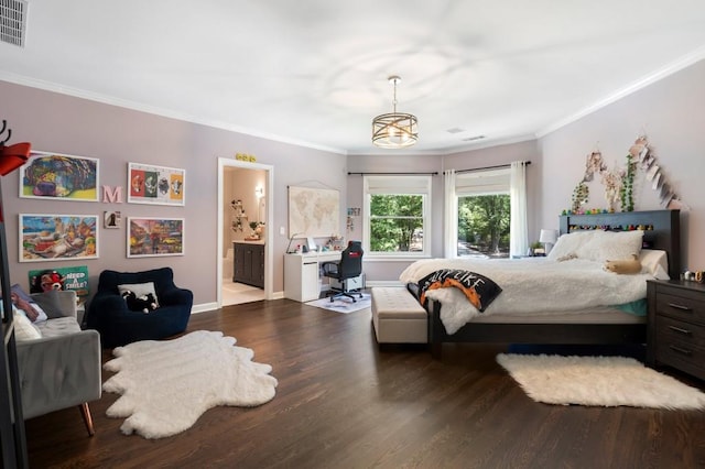330 Longvue Ct, Johns Creek, GA 30097 - bedroom with dark wood finished floors, crown molding, baseboards, connected bathroom, and a chandelier