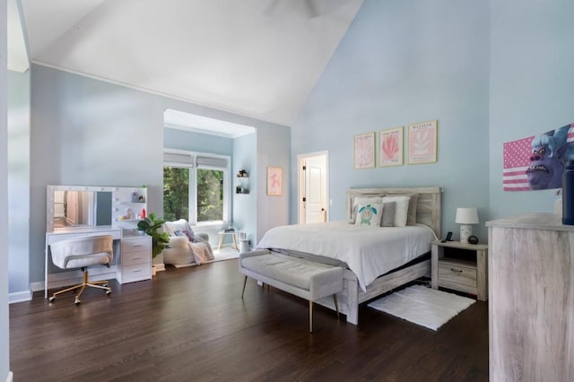 330 Longvue Ct, Johns Creek, GA 30097 - bedroom featuring high vaulted ceiling, wood finished floors, ornamental molding, and baseboards