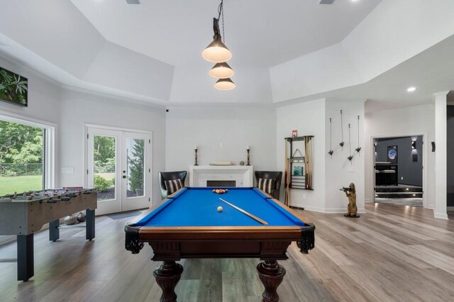 330 Longvue Ct, Johns Creek, GA 30097 - recreation room with french doors, wood finished floors, a tray ceiling, billiards, and a high ceiling