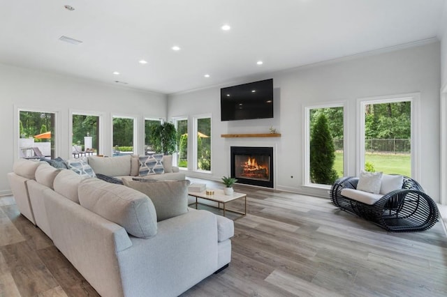 330 Longvue Ct, Johns Creek, GA 30097 - living room featuring a lit fireplace, recessed lighting, wood finished floors, crown molding, and baseboards