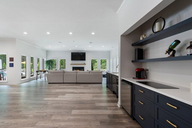 330 Longvue Ct, Johns Creek, GA 30097 - kitchen featuring black electric stovetop, open shelves, light countertops, dishwasher, and recessed lighting